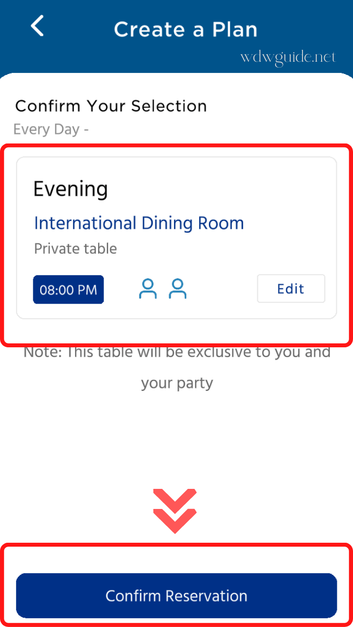 メダリオン・クラスアプリのダインマイウェイの同じ時間・レストランを予約した確認画面