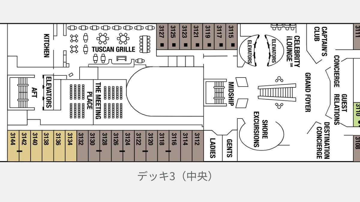 セレブリティミレニアムのデッキ3中央のデッキプラン