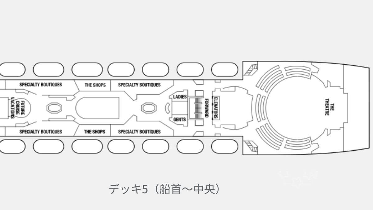 セレブリティミレニアムのデッキ5船首から中央のデッキプラン