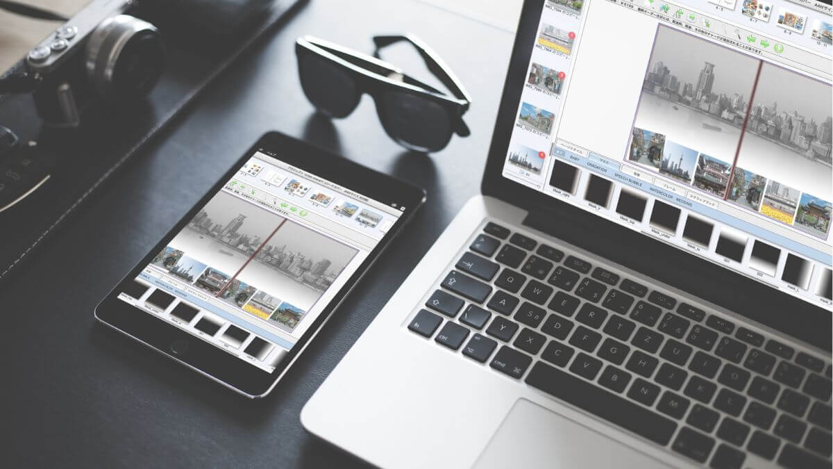 Macとタブレットに表示されたフォトレボの編集画面